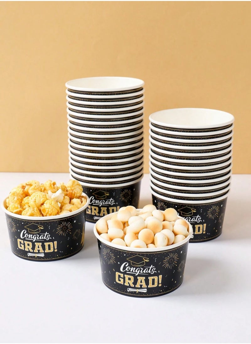 Generic Graduation Decorations Disposable Paper Graduation Plates in Black and Gold with Congratulations Words Can be used as Popcorn Cups and for all kinds of desserts 10 pieces  - Image 2