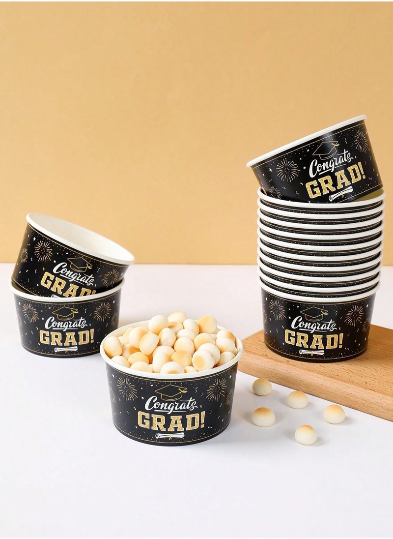 Generic Graduation Decorations Disposable Paper Graduation Plates in Black and Gold with Congratulations Words Can be used as Popcorn Cups and for all kinds of desserts 10 pieces  - Image 3