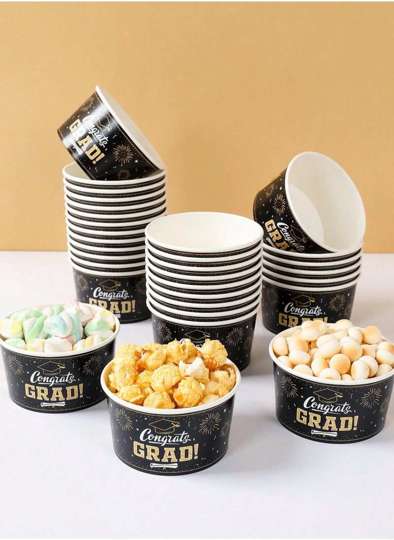 Generic Graduation Decorations Disposable Paper Graduation Plates in Black and Gold with Congratulations Words Can be used as Popcorn Cups and for all kinds of desserts 10 pieces  - Image 1