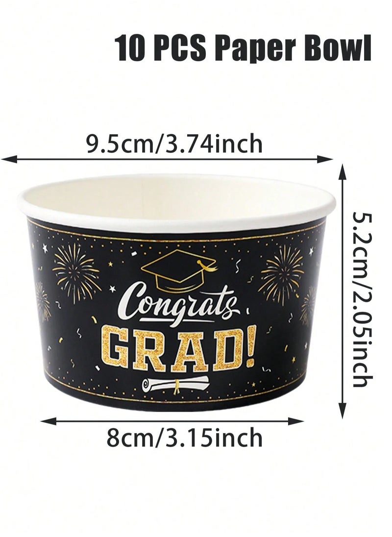 Generic Graduation Decorations Disposable Paper Graduation Plates in Black and Gold with Congratulations Words Can be used as Popcorn Cups and for all kinds of desserts 10 pieces  - Image 4
