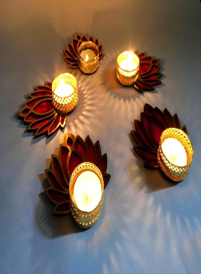 thriftkart 5 Pc Tea Light Designer Candle Holder for Diwali Decoration | Traditional Lotus L Designe Multicolour for Home Decor Set of 5 - Image 2
