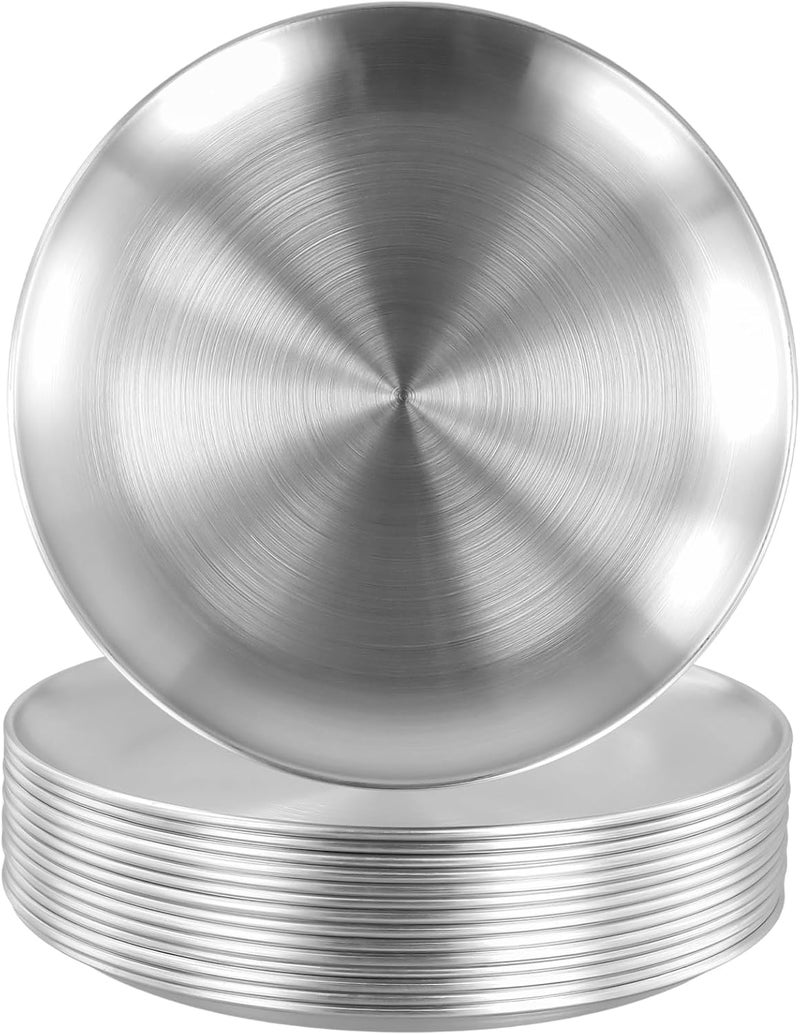 LEXININ 15pcs 8 Inch 201 Stainless Steel Plates Silver Flat Metal Dishes Round Serving Plates for Camping Dinner Table - Image 1