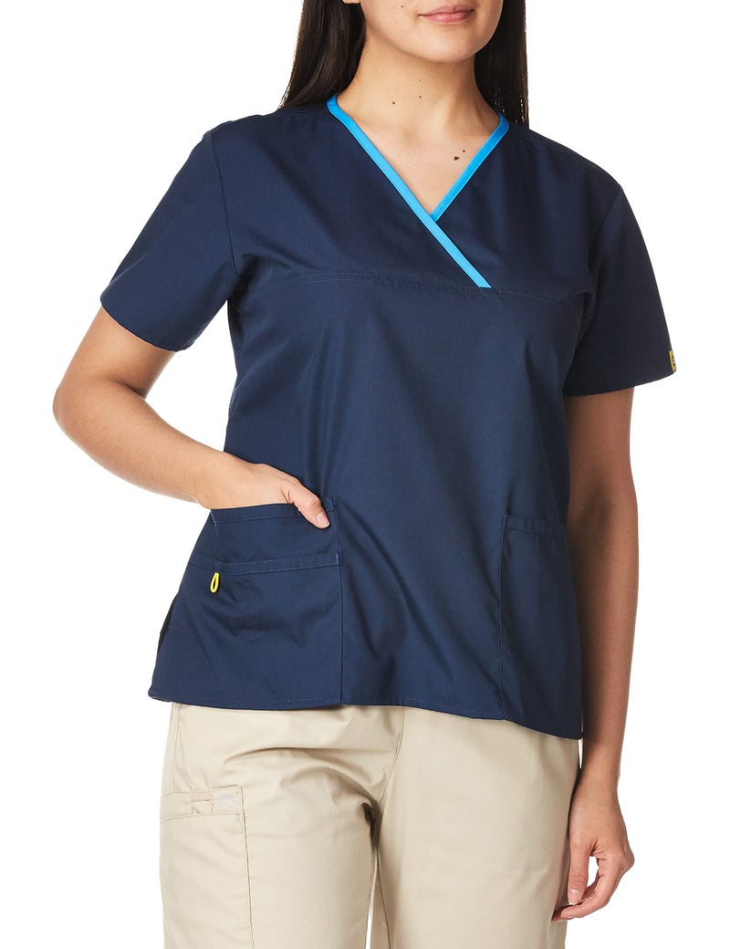 WonderWink Women's Charlie 5 Pocket Y-Neck Wrap Top, Navy, Small - Image 3
