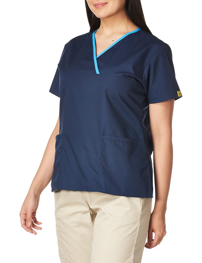 WonderWink Women's Charlie 5 Pocket Y-Neck Wrap Top, Navy, Small - Image 5