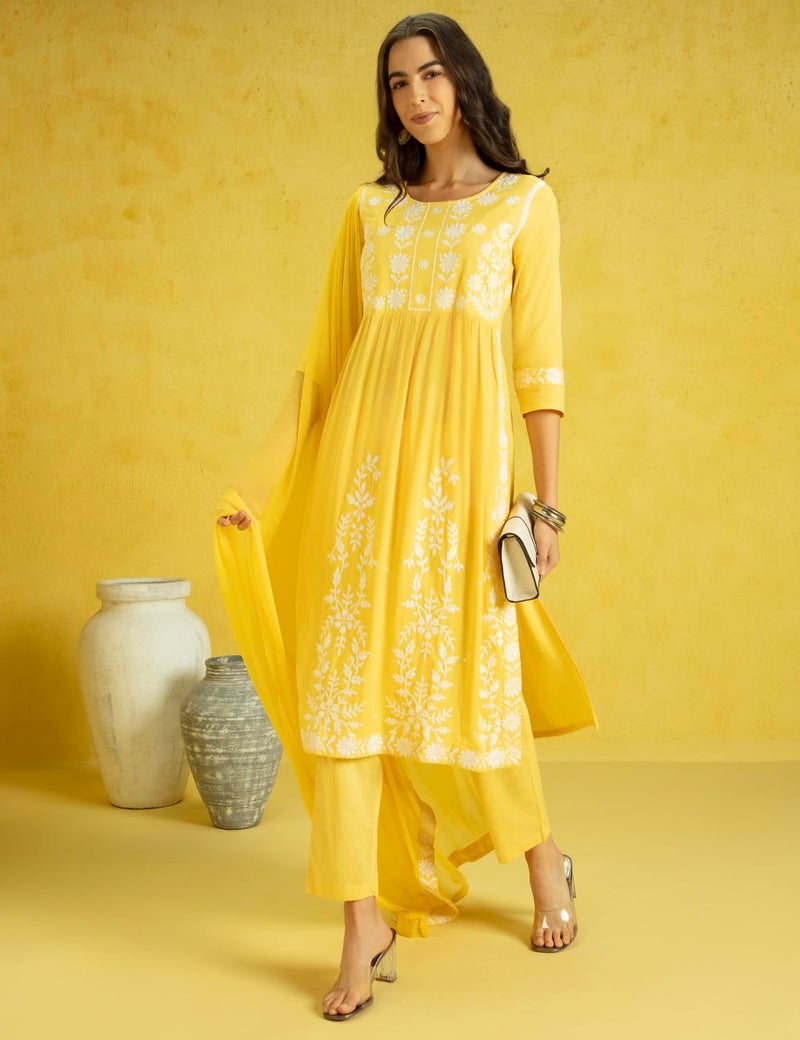 Kaari Women's Chikankari Kurta Set with Dupatta - A-line Fit | Chiffon Dupatta with Embroidered Band | Straight Pant with Side Pocket | Kurta Set For Women - Image 3