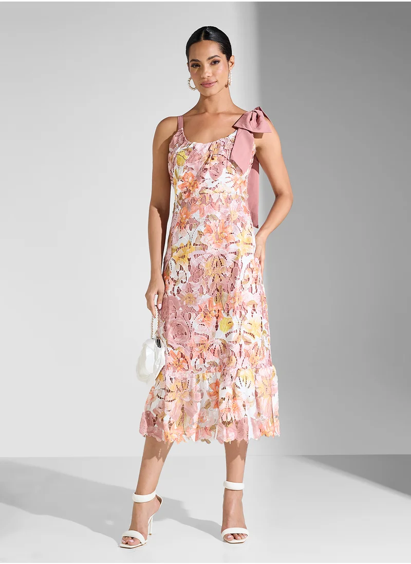 جاست مي Multi-Color Printed Lace Sleeve Midi Dress