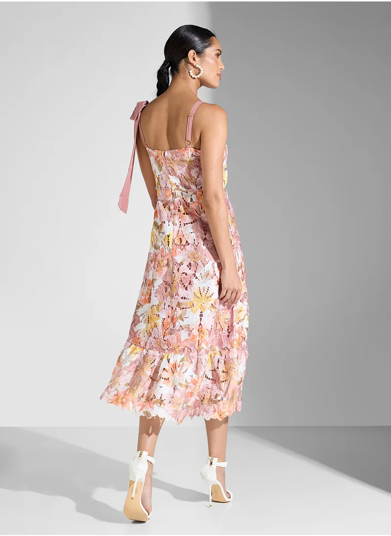 جاست مي Multi-Color Printed Lace Sleeve Midi Dress