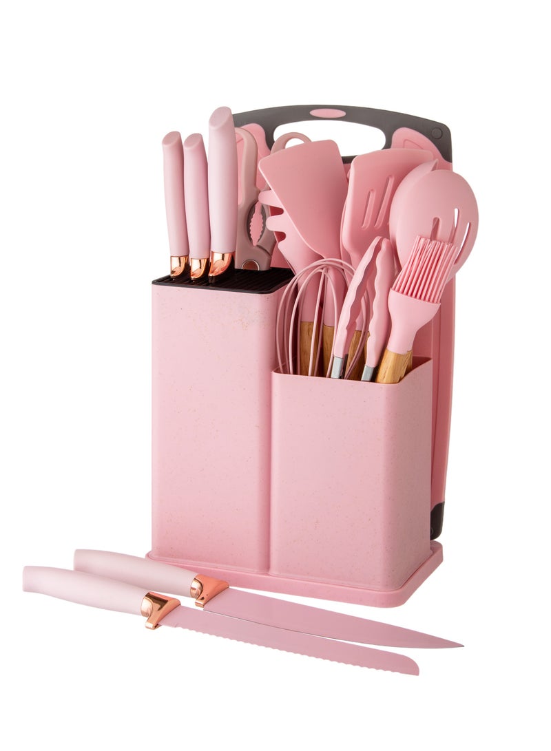 دانيا مجموعة ادوات المطبخ من السيليكون وسكاكين من الغرانيت مكون من 19 قطعة وردي - Image 2
