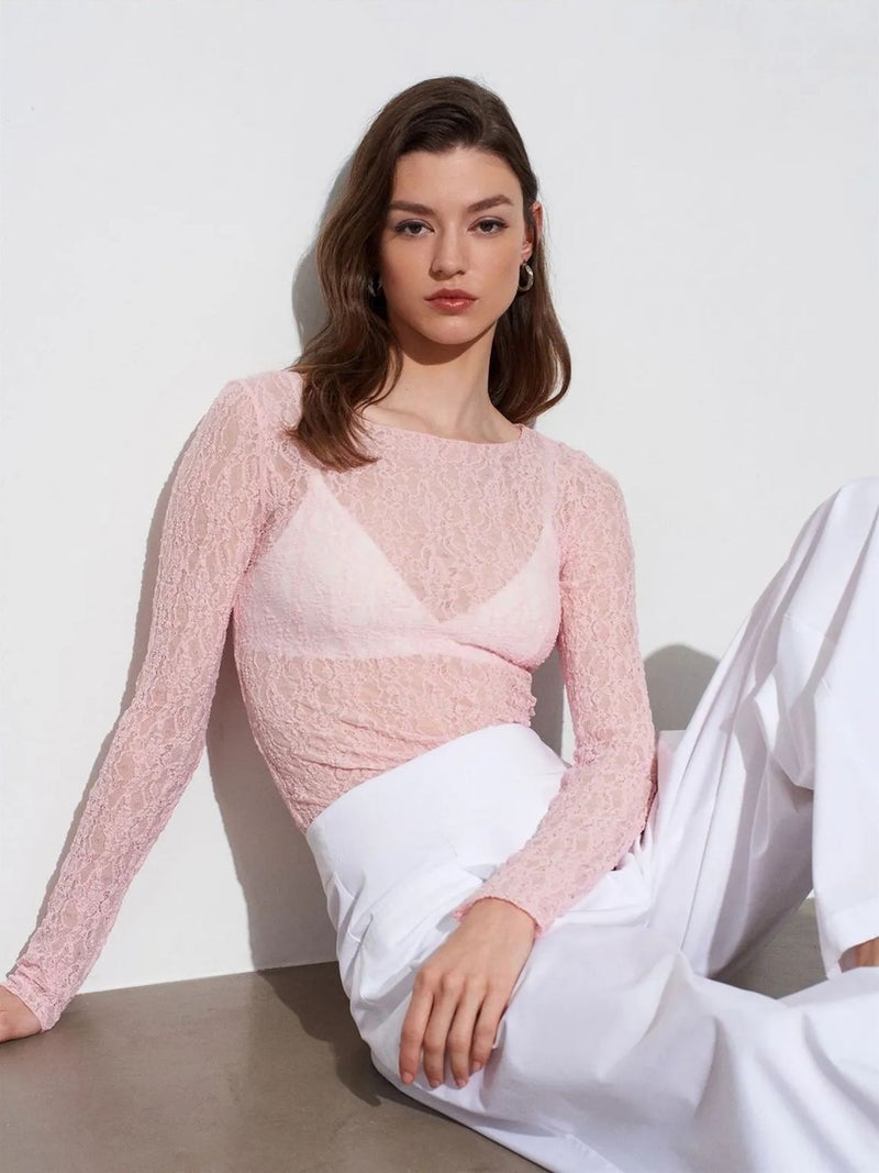 DILVIN Slim Fit Lace Boat Neck Blouse - Image 3