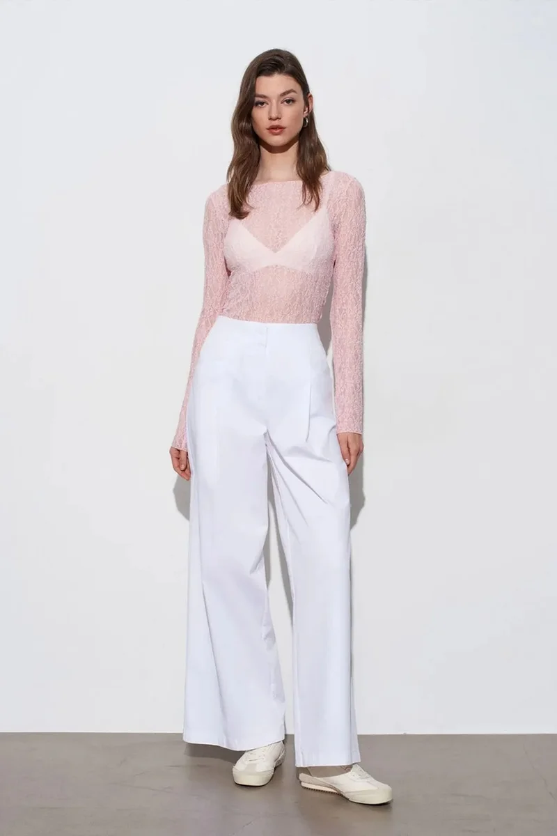 Dilvin Blush Pink DILVIN Slim Fit Lace Boat Neck Blouse for Women | Best Price UAE