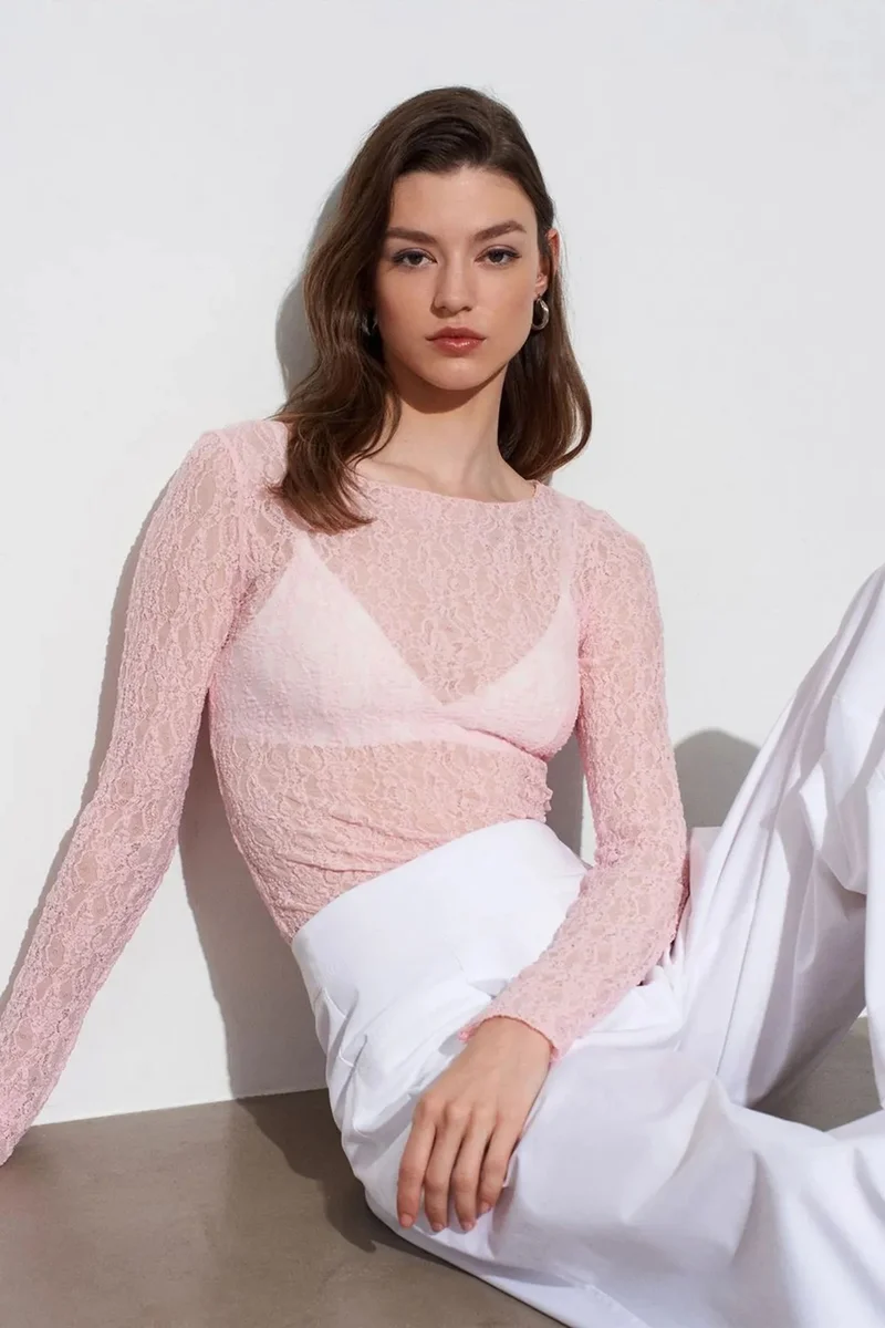 Dilvin Blush Pink DILVIN Slim Fit Lace Boat Neck Blouse for Women | Best Price UAE