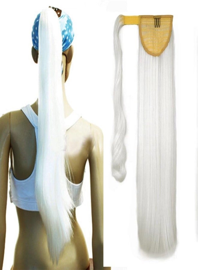 iLUU 24" Snow White Color Ponytail Straight Hair Extensions Wig Magic Paste Wrap Around Clip in Ponytail Synthetic Hairpiece for Women 100g (#1001 - White Hair) - Image 1