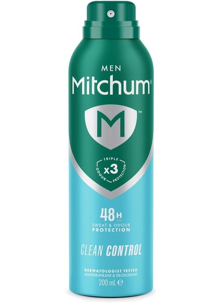 Mitchum Men Triple Odor Defense 48HR Protection Aerosol Deodorant & Anti- Perspirant Clean Control 200 ml - Image 1