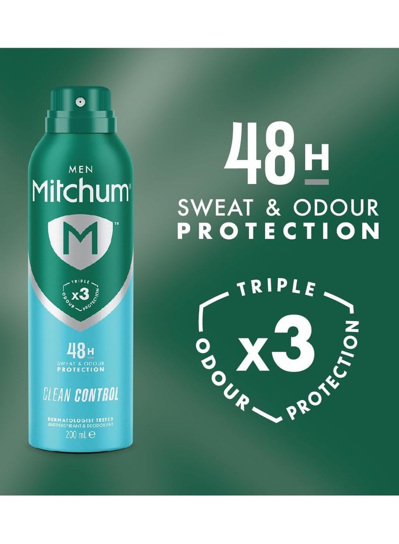 Mitchum Men Triple Odor Defense 48HR Protection Aerosol Deodorant & Anti- Perspirant Clean Control 200 ml - Image 2