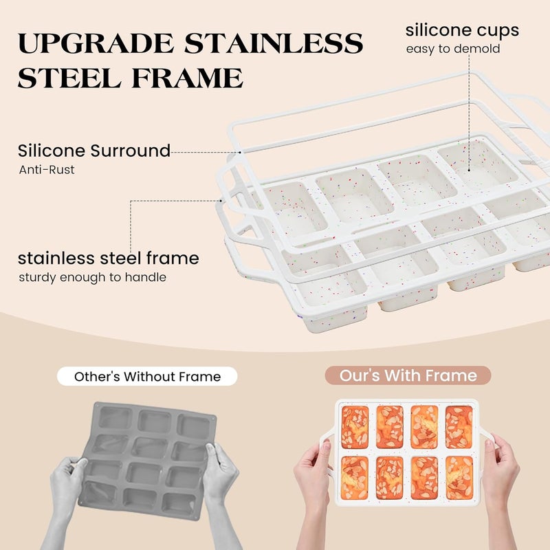 AOTASO 2 Pcs Mini Loaf Pans with Metal Reinforced Frame, Nonstick Small Silicone Bread Pans for Baking, 8 Cavity Tiny Meatloaf Pan (Cream) - Image 2