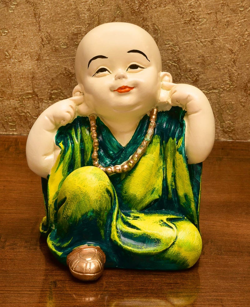 Karigaari India Handcrafted Resine Hear No Evil Buddha Monk Idol Sculpture | Showpiece for Home Décor and Office - Image 1