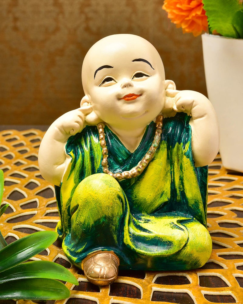 Karigaari India Handcrafted Resine Hear No Evil Buddha Monk Idol Sculpture | Showpiece for Home Décor and Office - Image 2
