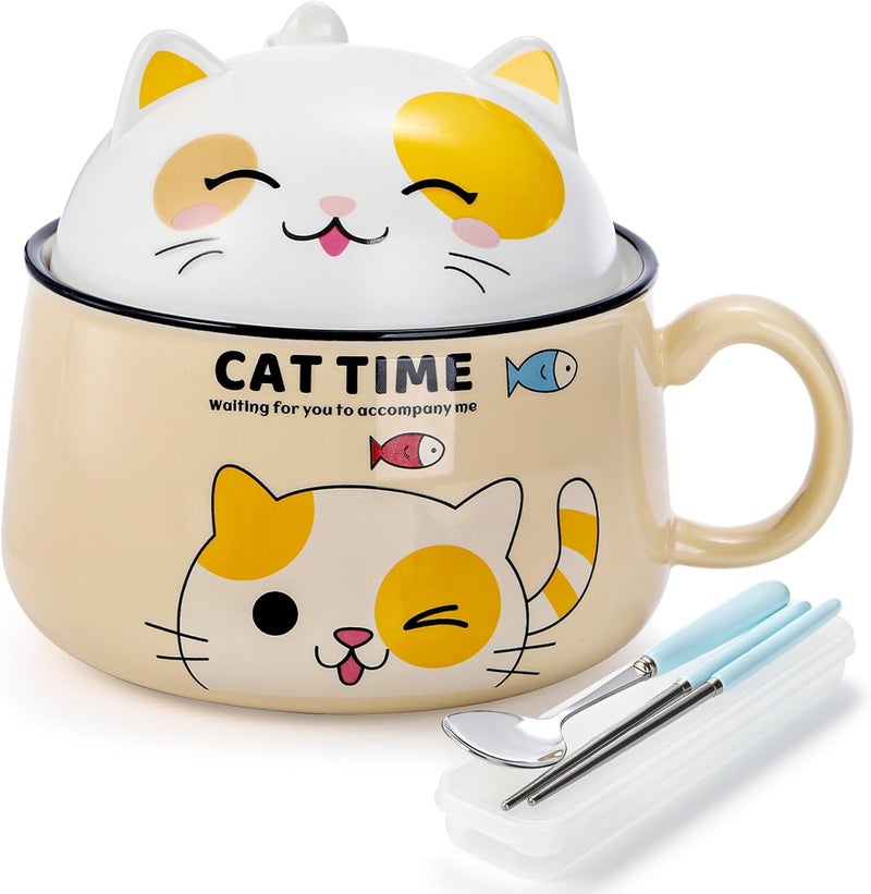 Cididu Ramen Bowl with Handle and Lid 345 oz Ceramic Instant Noodle Bowls Cute Cat with Spoon Chopsticks for Dorm Large Microwavable Japanese Soup Pot Bowl - Image 1