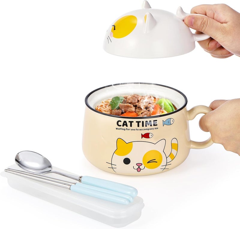 Cididu Ramen Bowl with Handle and Lid 345 oz Ceramic Instant Noodle Bowls Cute Cat with Spoon Chopsticks for Dorm Large Microwavable Japanese Soup Pot Bowl - Image 5
