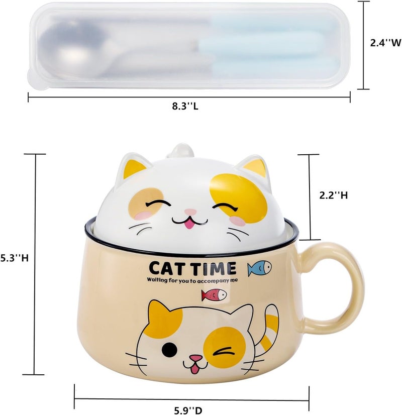 Cididu Ramen Bowl with Handle and Lid 345 oz Ceramic Instant Noodle Bowls Cute Cat with Spoon Chopsticks for Dorm Large Microwavable Japanese Soup Pot Bowl - Image 2
