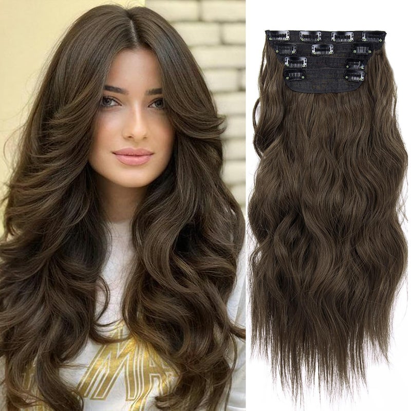 LEEONS Double Weft Synthetic Hair Extension 4PCS Thick Hairpieces Clip in Long Wavy Hair Extensions Chestnut Brown 20 Inch (4pcs, 20Inch, 8/10#) - Image 1