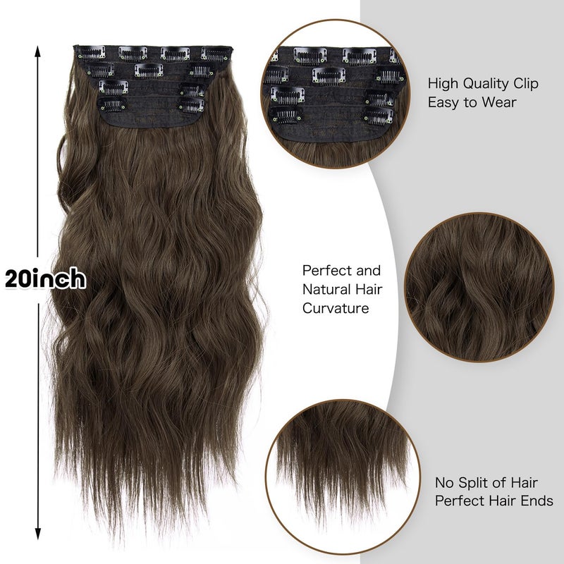 LEEONS Double Weft Synthetic Hair Extension 4PCS Thick Hairpieces Clip in Long Wavy Hair Extensions Chestnut Brown 20 Inch (4pcs, 20Inch, 8/10#) - Image 4