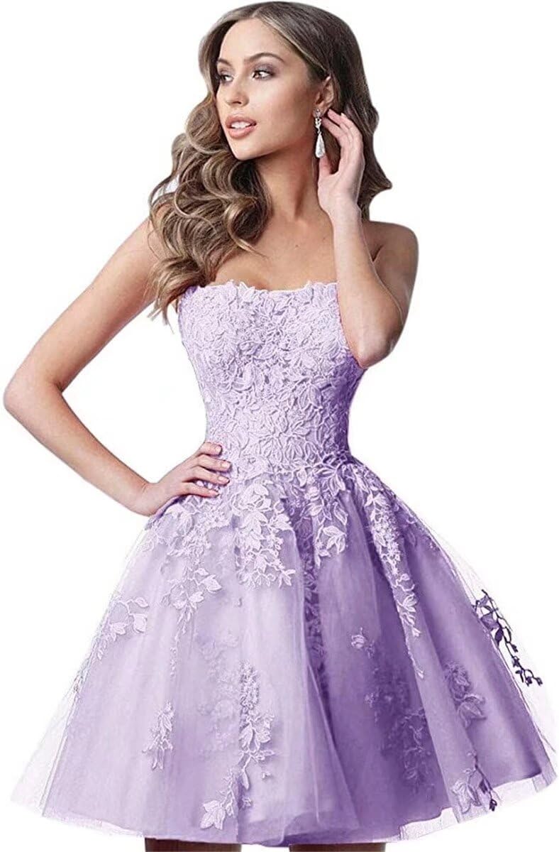 YWXYMGE Lace Homecoming Dresses Short A Line Strapless Formal Cocktail Party Gowns-Lilac-2 - Image 1