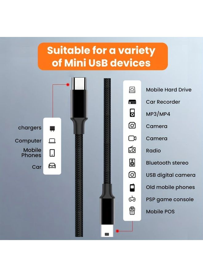 كابل USB من النوع C إلى Mini USB T Port من النايلون الأسود المضفر 78 74 بوصة ذكر إلى أنثى - Image 3