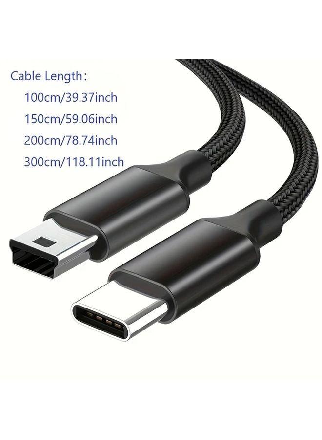 كابل USB من النوع C إلى Mini USB T Port من النايلون الأسود المضفر 78 74 بوصة ذكر إلى أنثى - Image 2