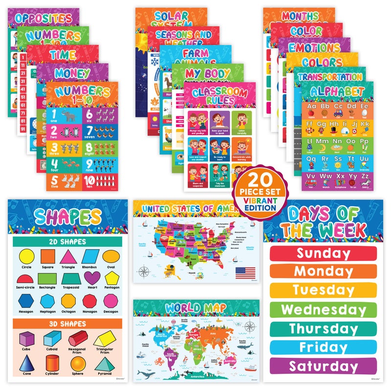 Decorably 20 Vibrant Preschool Classroom Posters, 11x17in Matte-Laminated Toddler Posters Educational Age 2 - Image 1