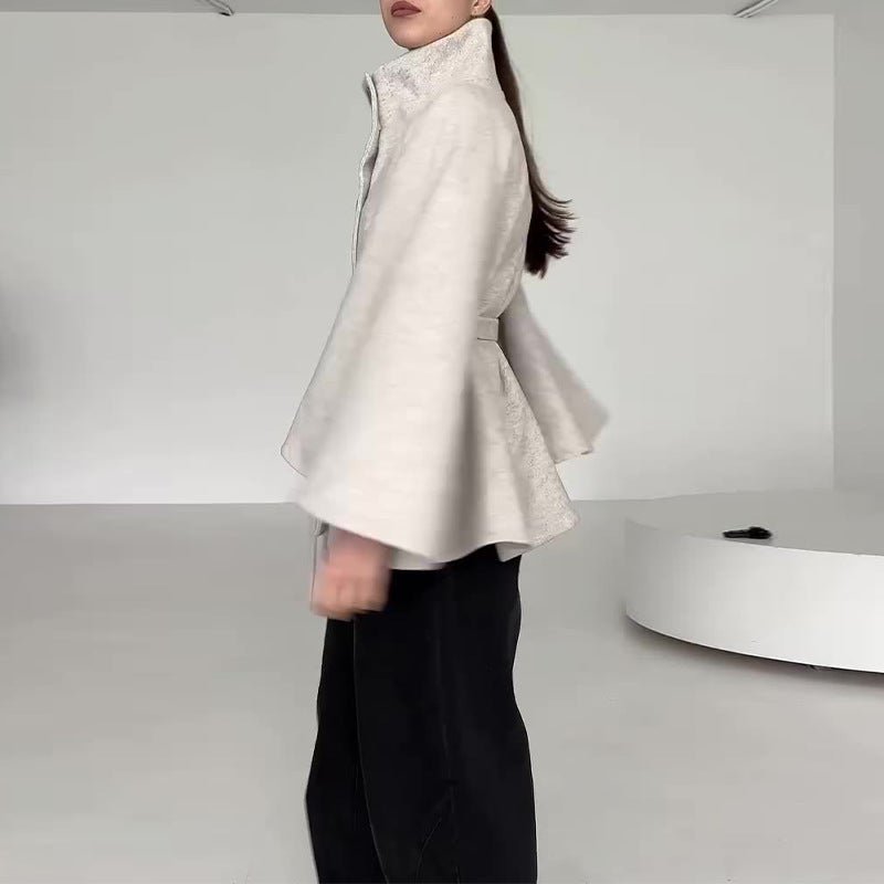 Export Women'S New Fashion Stand-Up Collar Belt Loose Light Gray Jacket - Image 4
