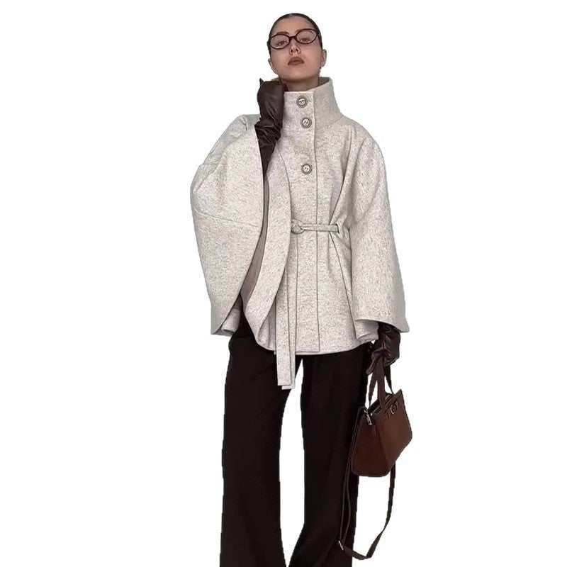 Export Women'S New Fashion Stand-Up Collar Belt Loose Light Gray Jacket - Image 5