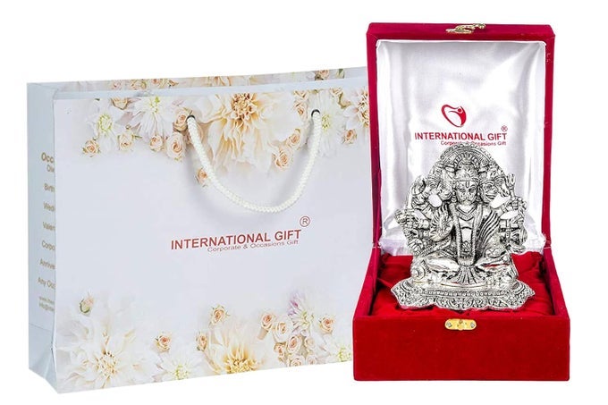 SILVER PLATED PANCHMUKHI HANUMAN IDOL MURTI OXIDIZED FINISH WITH BEAUTIFUL RED VELVET BOX PACKING AND WITH CARRY BAG 115H X 11W X 95L CENTIMETERS