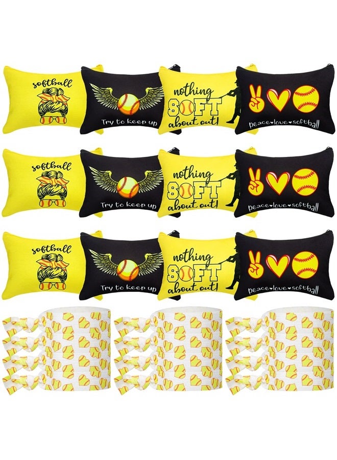 Kajaia 24 Pcs Softball Cosmetic Bag and Sport Hair Scrunchies, Softball Travel Pouch Canvas Makeup Bags Softball Hair Ties Elastic Hair Bands Ponytail Holders for Women Girls Team Gifts (Cute) - Image 1