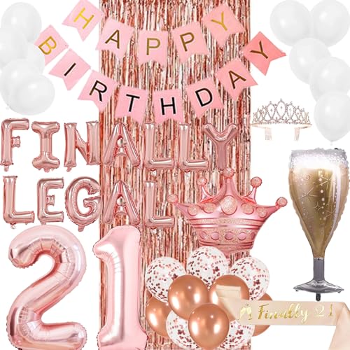 DUFACAI 21st Birthday Decorations for Girls Rose Gold Finally Legal 21 Birthday Decoration for Her Happy Birthday Banner Balloons Sash and Tiara Crown Fringe Foil Curtain for Women Happy 21st Birthday Gold - Image 1