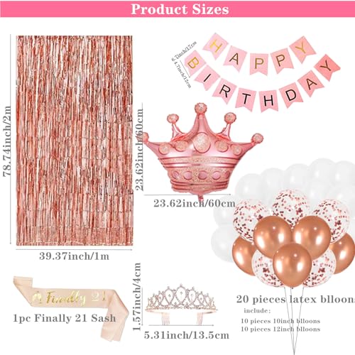 DUFACAI 21st Birthday Decorations for Girls Rose Gold Finally Legal 21 Birthday Decoration for Her Happy Birthday Banner Balloons Sash and Tiara Crown Fringe Foil Curtain for Women Happy 21st Birthday Gold - Image 5