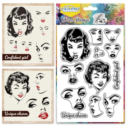 CHGCRAFT Female Face Clear Stamps Facial Expressions Transparent Stamps Retro Feel Silicone Clear Stamp Seals for Carding Making DIY Scrapbooking Photo Album Decoration 43x63 inch - Image 1