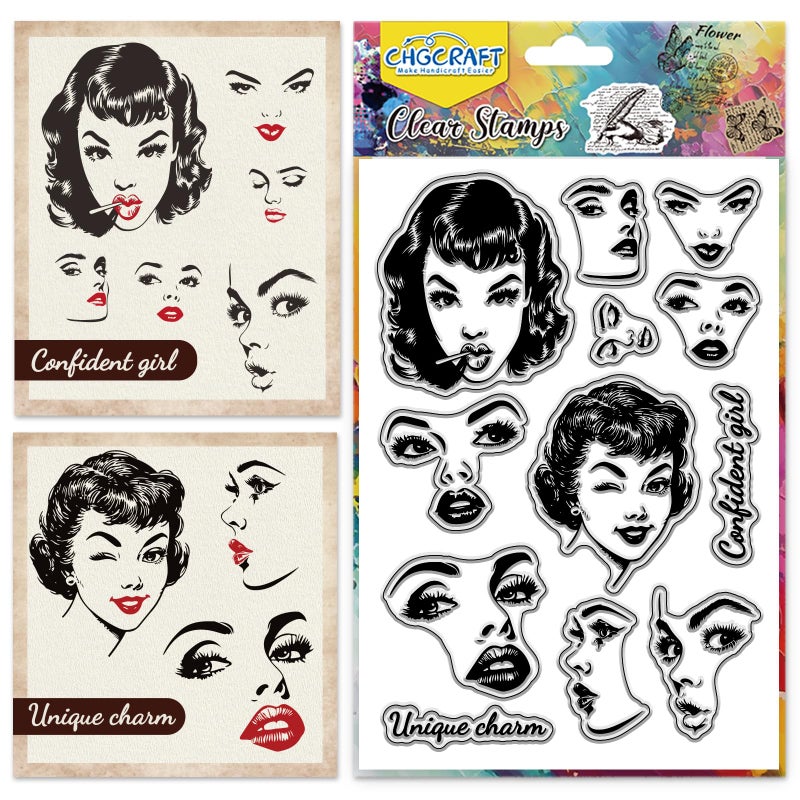 CHGCRAFT Female Face Clear Stamps Facial Expressions Transparent Stamps Retro Feel Silicone Clear Stamp Seals for Carding Making DIY Scrapbooking Photo Album Decoration 43x63 inch - Image 3