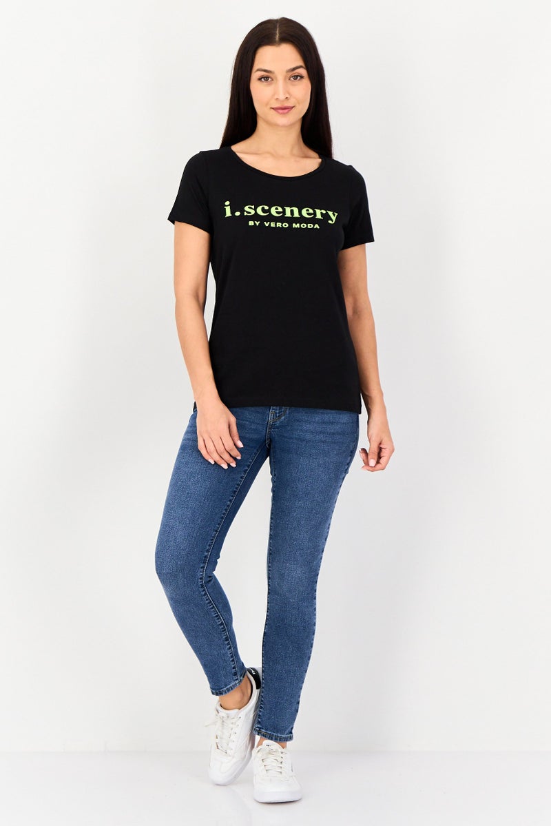 VERO MODA I Scenery By Vero Moda Women Crew Neck Short Sleeve Brand Logo T Shirt, Black - Image 4