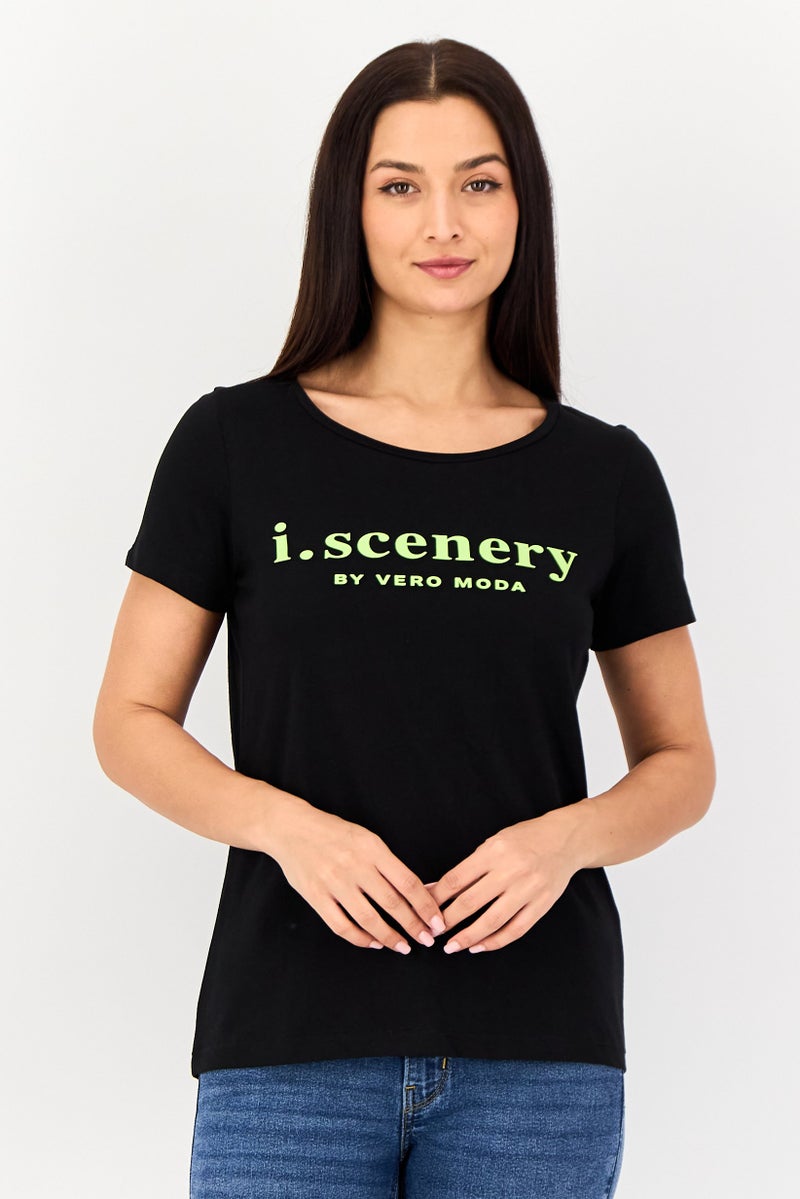 VERO MODA I Scenery By Vero Moda Women Crew Neck Short Sleeve Brand Logo T Shirt, Black - Image 1