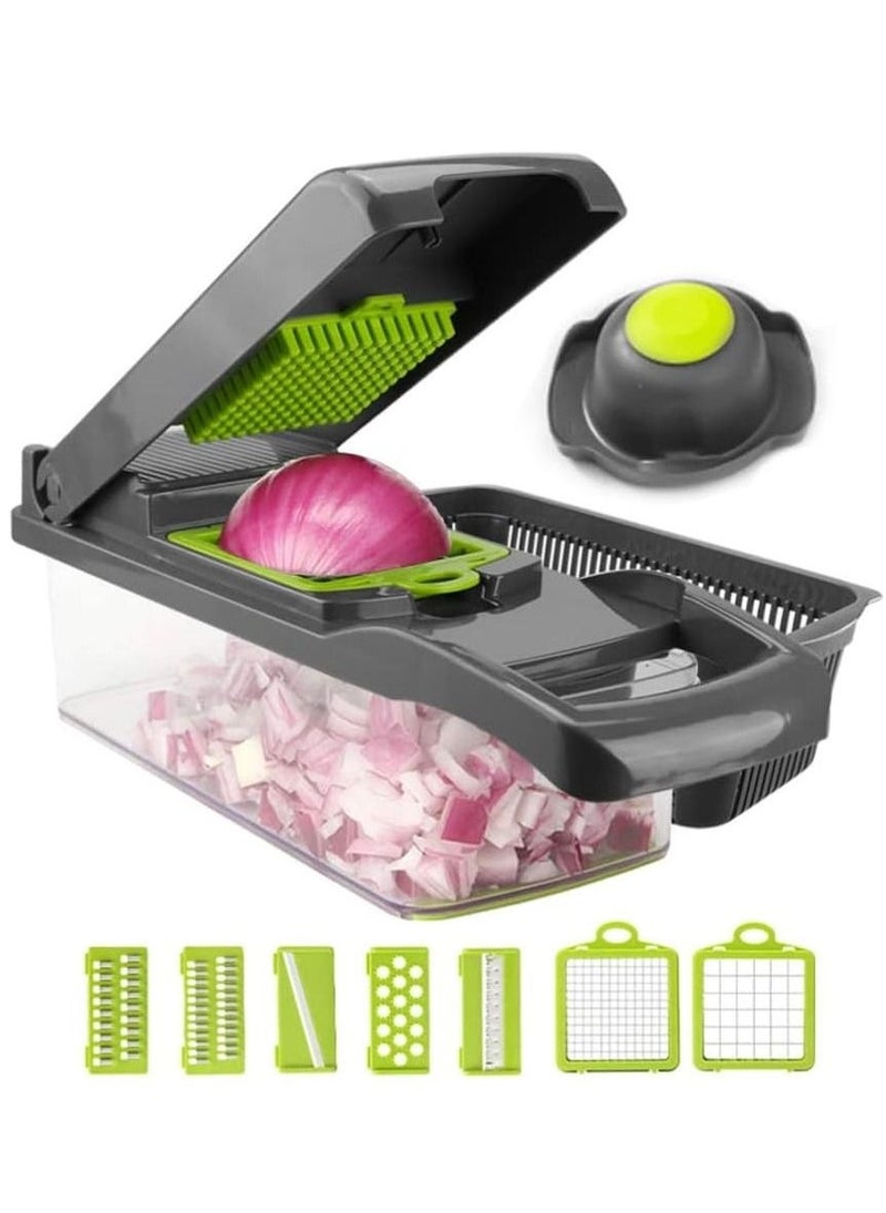 Raxoom Vegetable Chopper With Container Onion Chopper Dicer Quick Potato Cutter Kitchen Tool 7 Blade Vegetable Fruit Chopper Slicer With Cleaning Brush Drain Basket (Gray) - Image 1