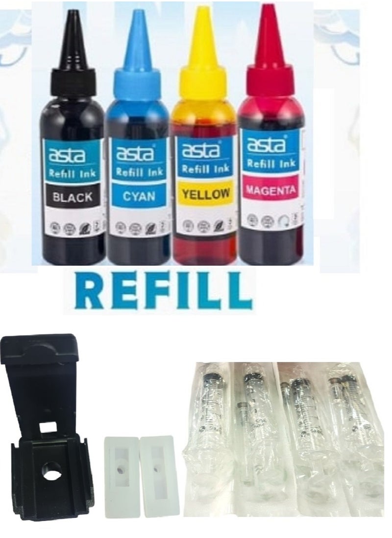 Asta Liquid Ink for Refilling Canon HP and Epson Cartridges 4 colors, Ink Refill kit for hp canon Black & Color Ink Cartridge Head Cleaning with refill syringe.  - Image 1