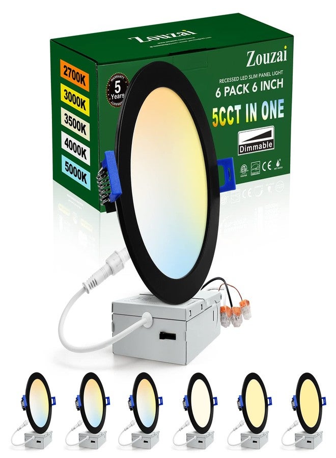 zouzai 6 Pack 6 Inch Black 5CCT Ultra-Thin LED Recessed Ceiling Light with Junction Box 2700K/3000K/3500K/4000K/5000K Selectable, 12W Dimmable, led can Lights ETL and Energy Star Certified - Image 1