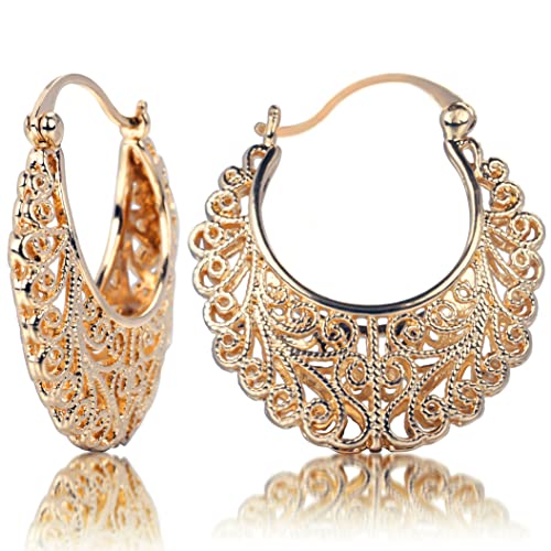 XILAZAB Filigree Earrings,XILAZAB Vintage Filigree Hoop Earrings Oval Hollowed Gold Plated Dangle Earrings Click-Top Boho Yellow Fashion Earrings for Women - Image 1