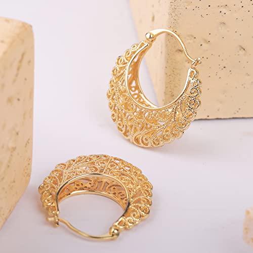 XILAZAB Filigree Earrings,XILAZAB Vintage Filigree Hoop Earrings Oval Hollowed Gold Plated Dangle Earrings Click-Top Boho Yellow Fashion Earrings for Women - Image 4