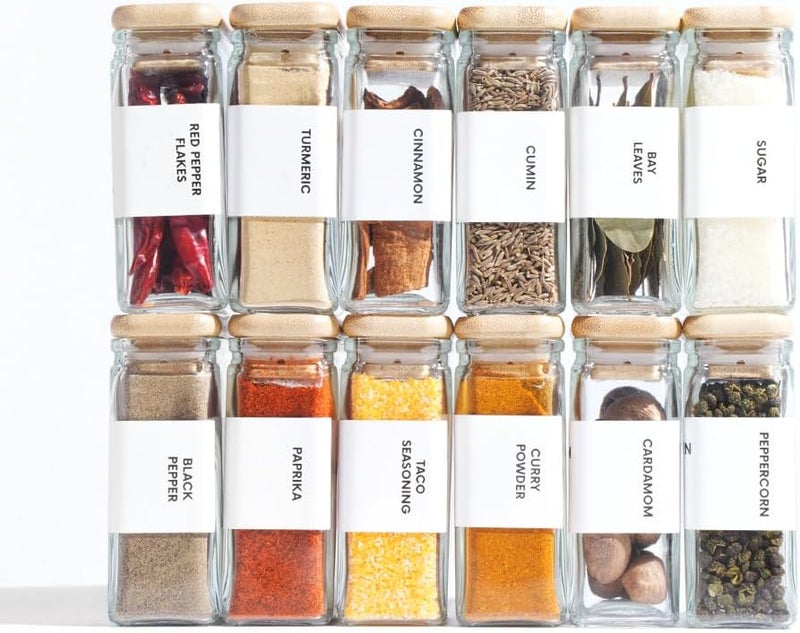 APT 1101 Glass Spice Jars with Labels, 4oz Glass Jars with Bamboo Lids, Square Spice Jars with Labels, Empty Spice Bottles for Seasoning Organizer, Spice Drawer Organizer, 12 Pack (White) - Image 2