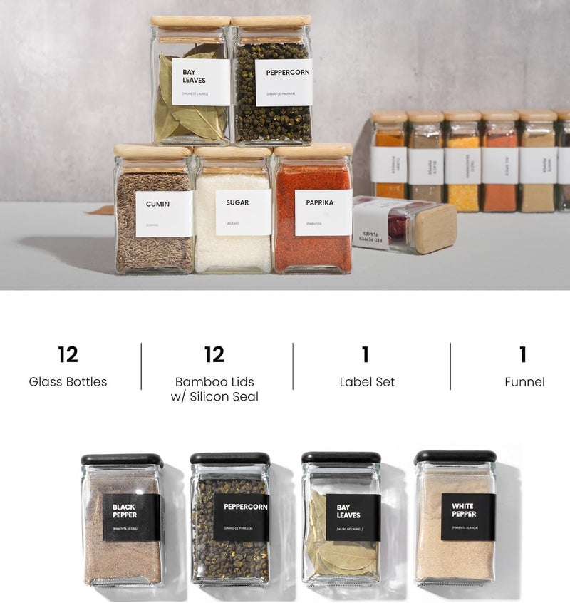 APT 1101 Glass Spice Jars with Labels, 4oz Glass Jars with Bamboo Lids, Square Spice Jars with Labels, Empty Spice Bottles for Seasoning Organizer, Spice Drawer Organizer, 12 Pack (White) - Image 5