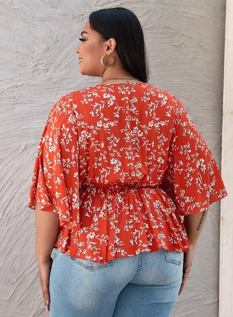 Plus Floral Print Surplice Front Belted Peplum Blouse  - Image 2