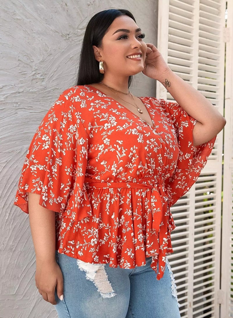 Plus Floral Print Surplice Front Belted Peplum Blouse  - Image 5