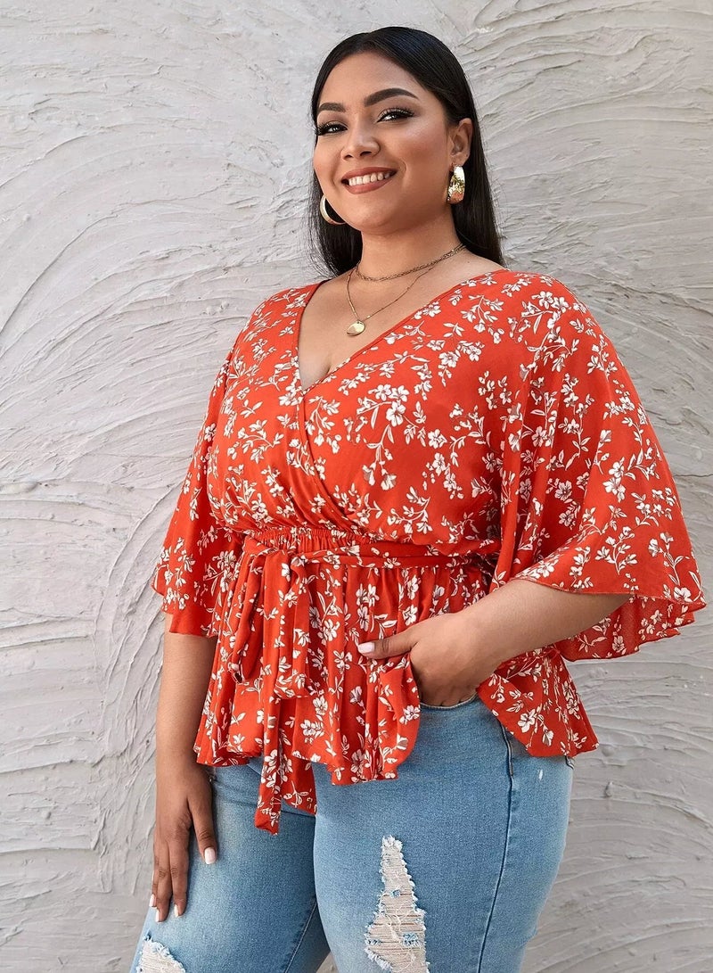 Plus Floral Print Surplice Front Belted Peplum Blouse  - Image 1